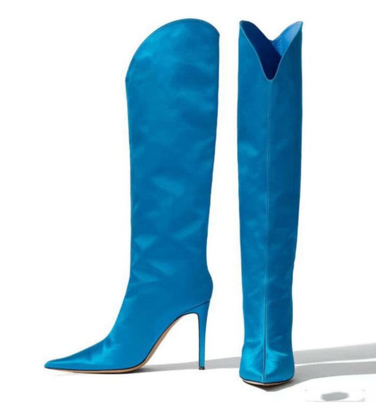 Womens Pointed Toe Satin Knee Boots Stiletto Luxury