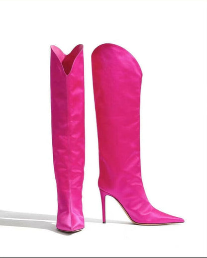 Womens Pointed Toe Satin Knee Boots Stiletto Luxury Rose