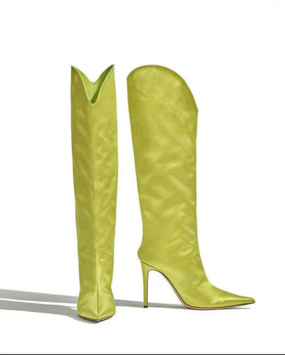 Womens Pointed Toe Satin Knee Boots Stiletto Luxury Yellow