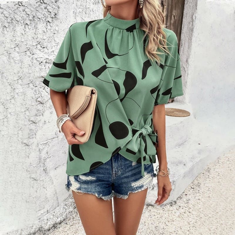 Womens Printed Short Sleeve Tie Waist Casual Top Green / S