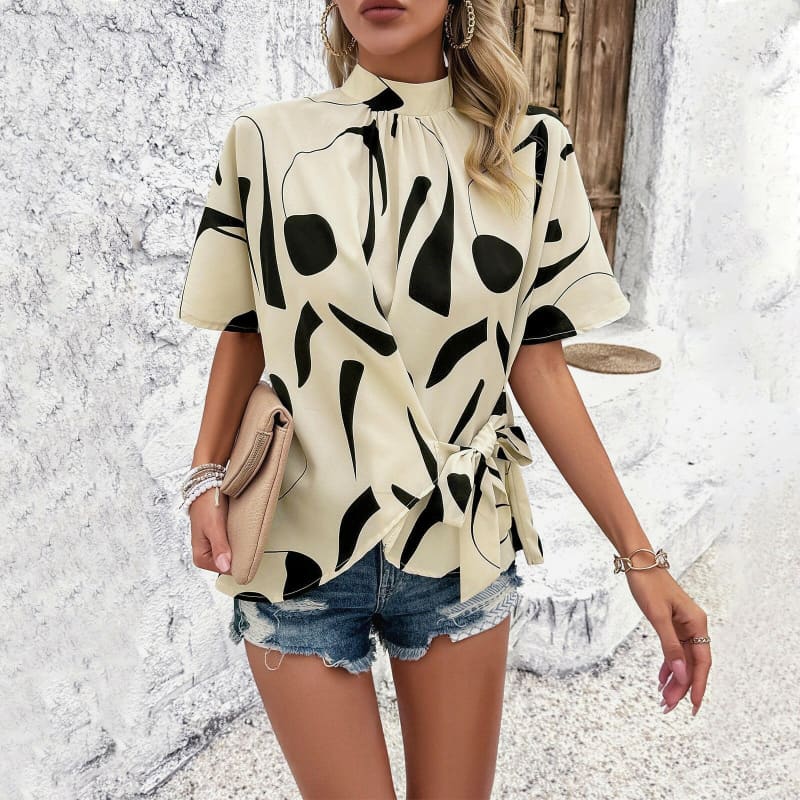 Womens Printed Short Sleeve Tie Waist Casual Top