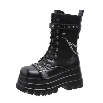 Women’s Punk Style Thick Sole Mid Length Boots With Studs