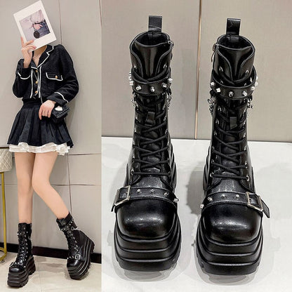 Women’s Punk Style Thick Sole Mid Length Boots With Studs