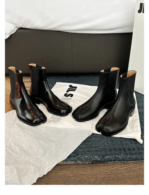 Three pairs of stylish Women’s Retro Split Toe Ankle Boots in black leather.