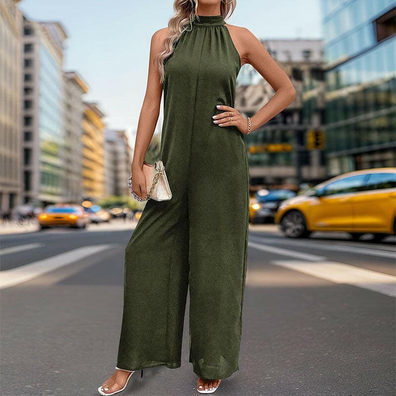 Womens Round Neck Solid Color Straight Leg Jumpsuit Amy