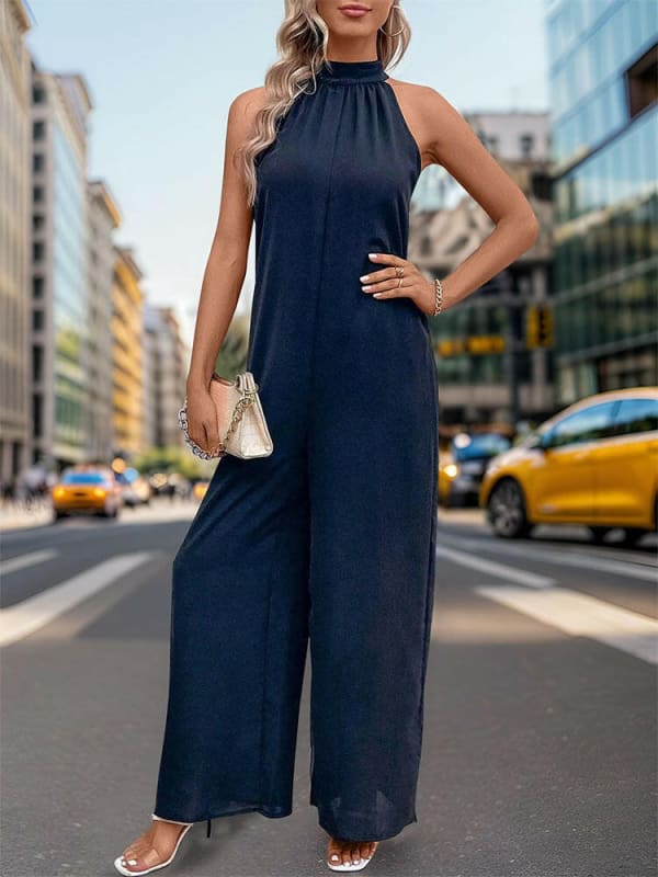 Womens Round Neck Solid Color Straight Leg Jumpsuit