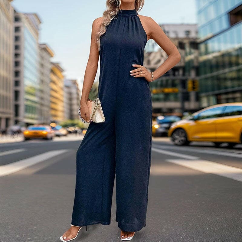 Womens Round Neck Solid Color Straight Leg Jumpsuit Navy