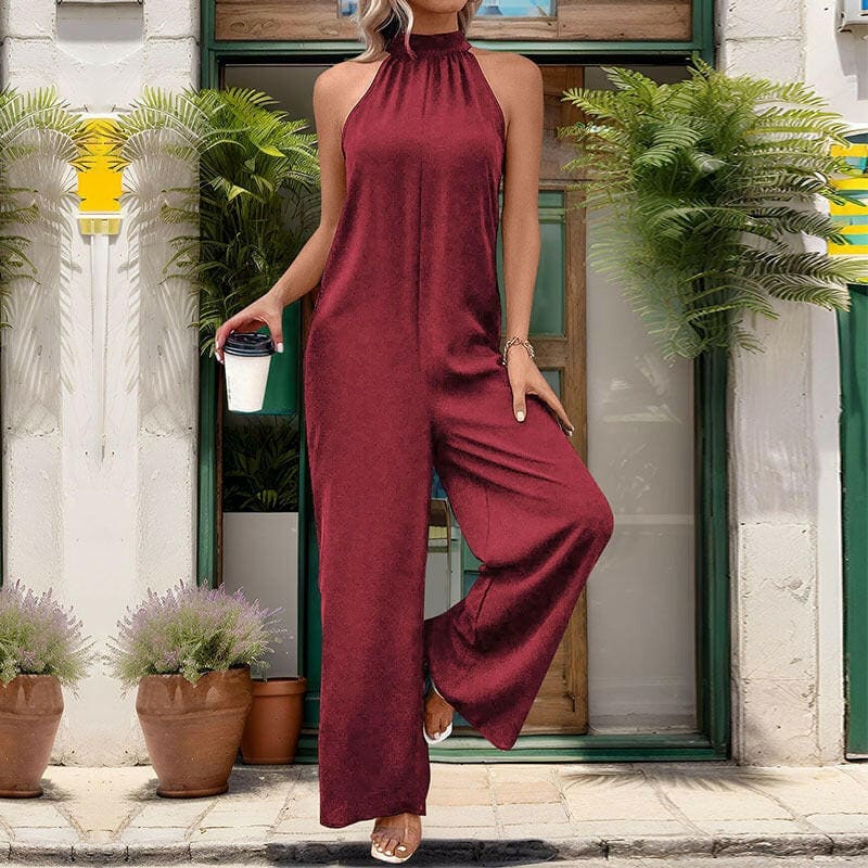 Womens Round Neck Solid Color Straight Leg Jumpsuit Wine