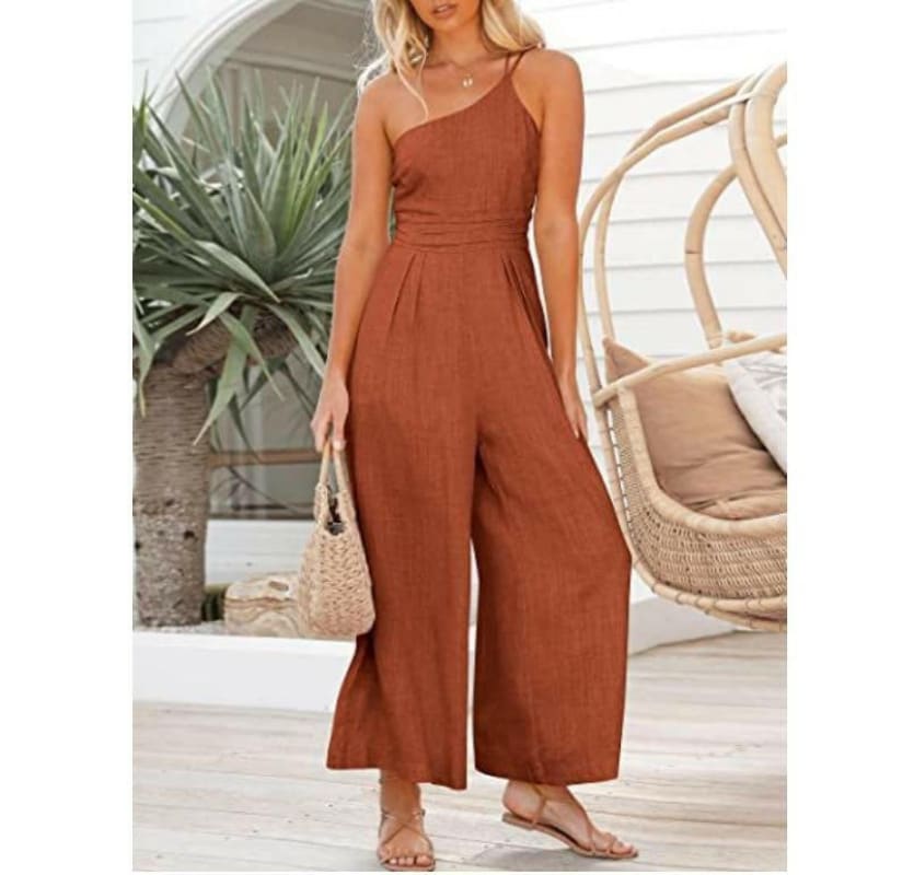 Sexy Camisole Waist Wide Leg Cotton Linen Jumpsuit Brick