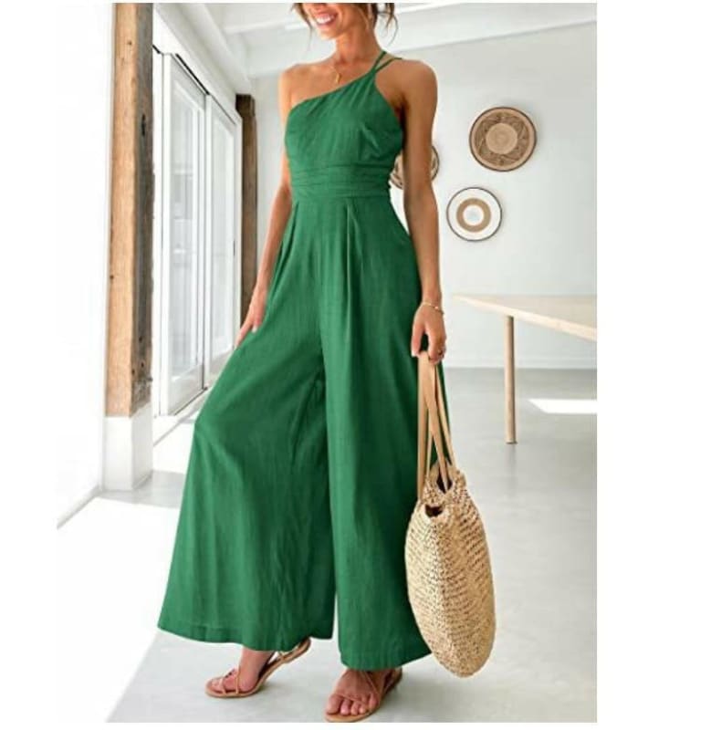 Sexy Camisole Waist Wide Leg Cotton Linen Jumpsuit green / S