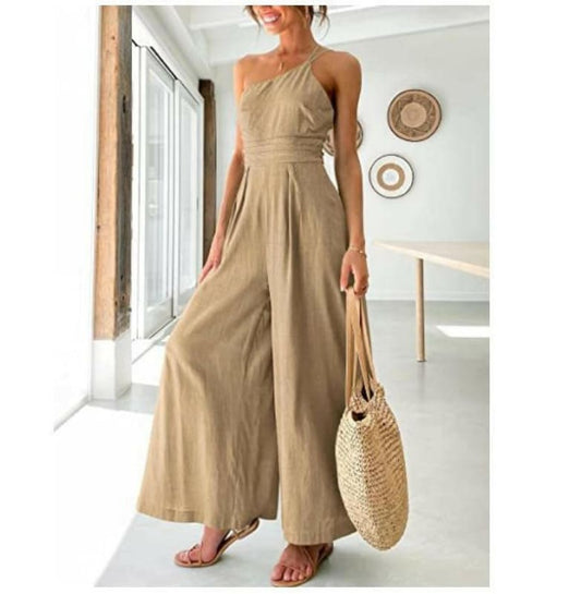 Sexy Camisole Waist Wide Leg Cotton Linen Jumpsuit Khaki / S