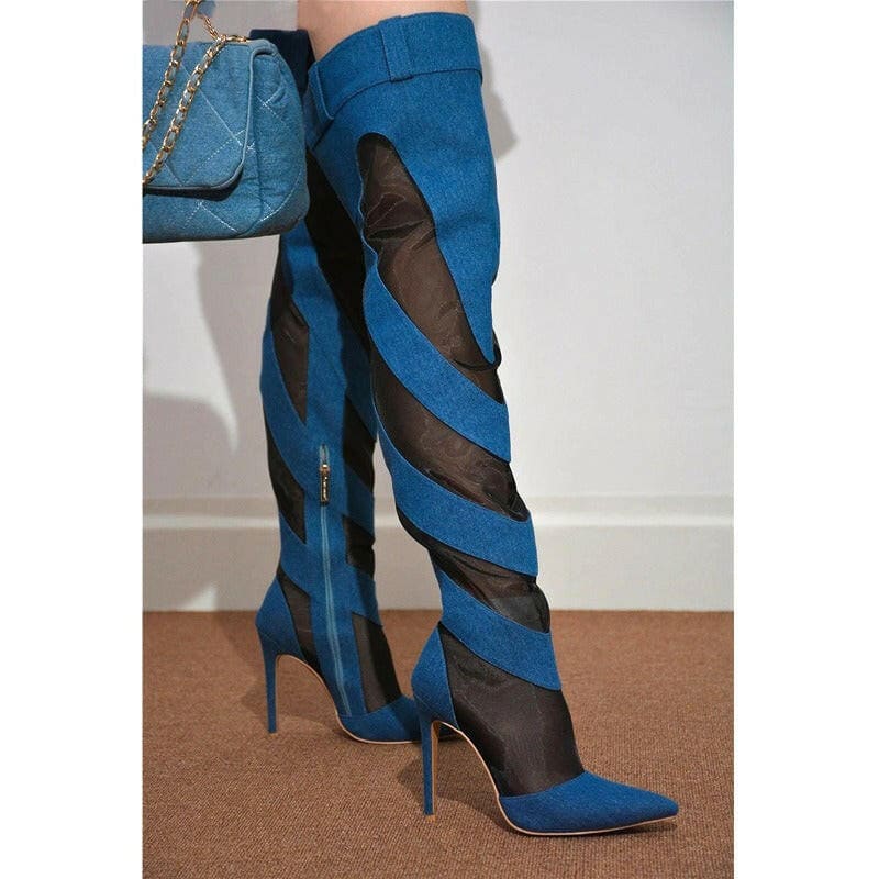 Womens Sexy Fashion Denim Mesh Patchwork Boots