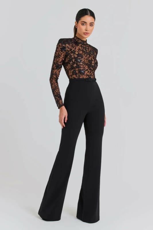 Womens Long-Sleeved Trouser Jumpsuit Fashion Lace Black / XS