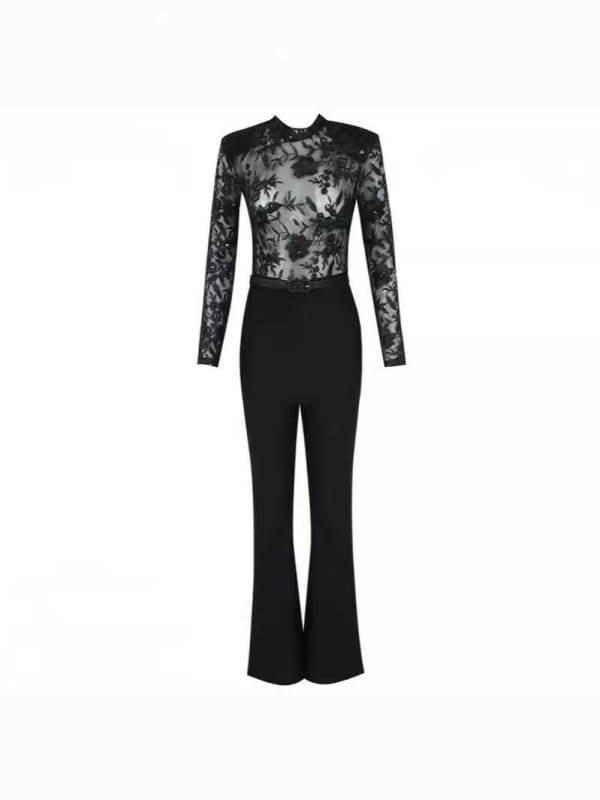 Womens Long-Sleeved Trouser Jumpsuit Fashion Lace