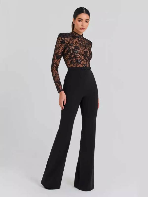 Womens Long-Sleeved Trouser Jumpsuit Fashion Lace