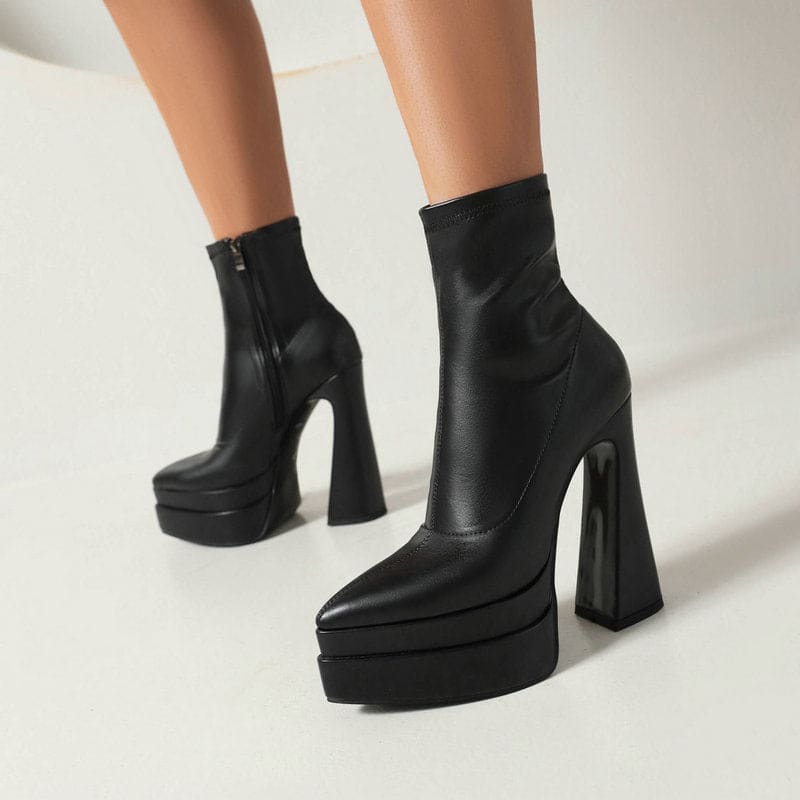 Womens Short Boots Pointed Toe Thick Heel Zipper Black / 34