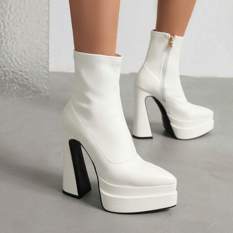 Womens Short Boots Pointed Toe Thick Heel Zipper White / 34