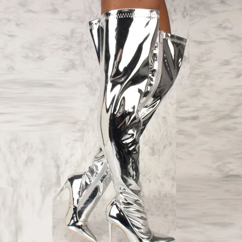 Womens Silver Mirror Platform Heels Over Knee Long Boots