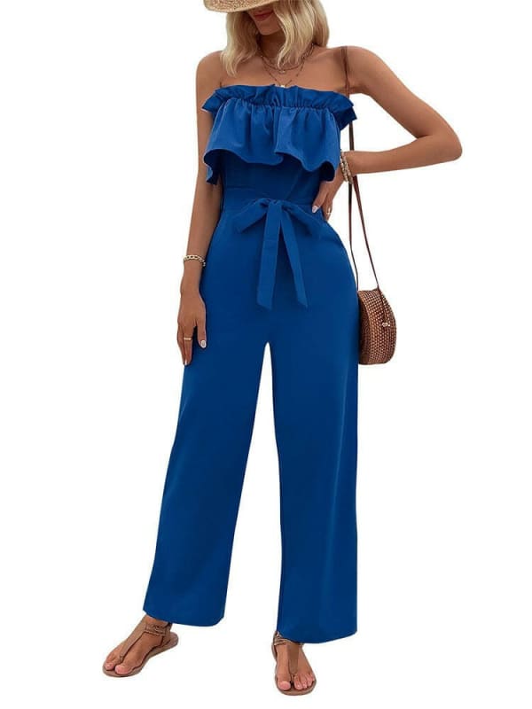 Womens Sleeveless Blue Strapless Waist Tie Jumpsuit