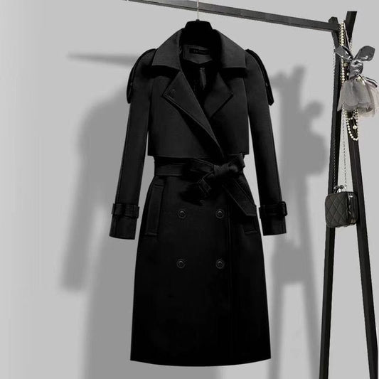 Black trench coat with a belt and double-breasted front.