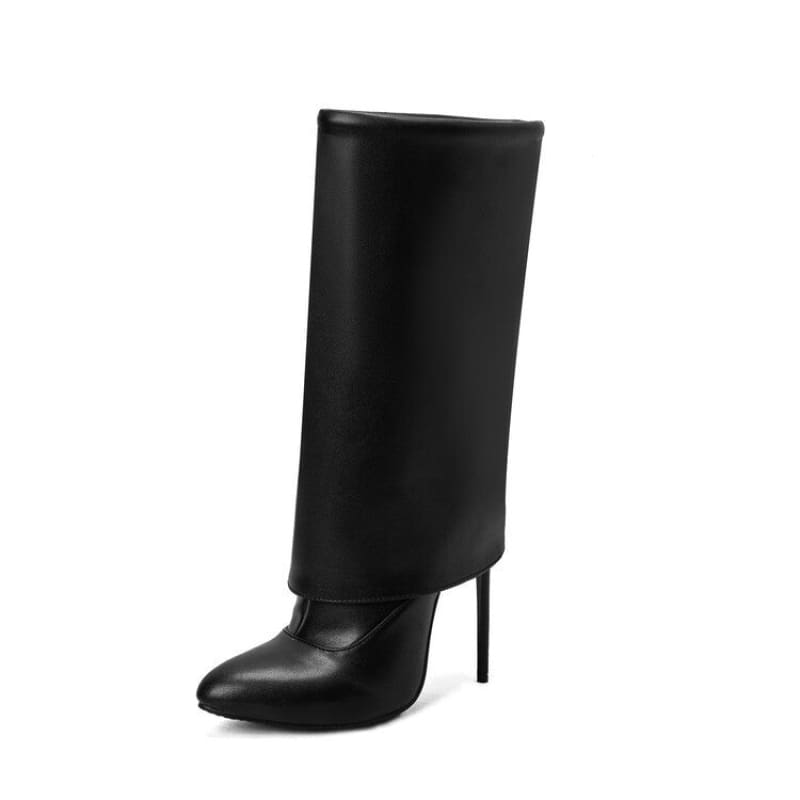 Black leather high-heeled boot with a tall shaft.