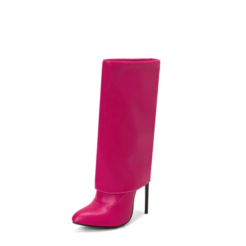 Hot pink high-heeled boot with a tall shaft and pointed toe.