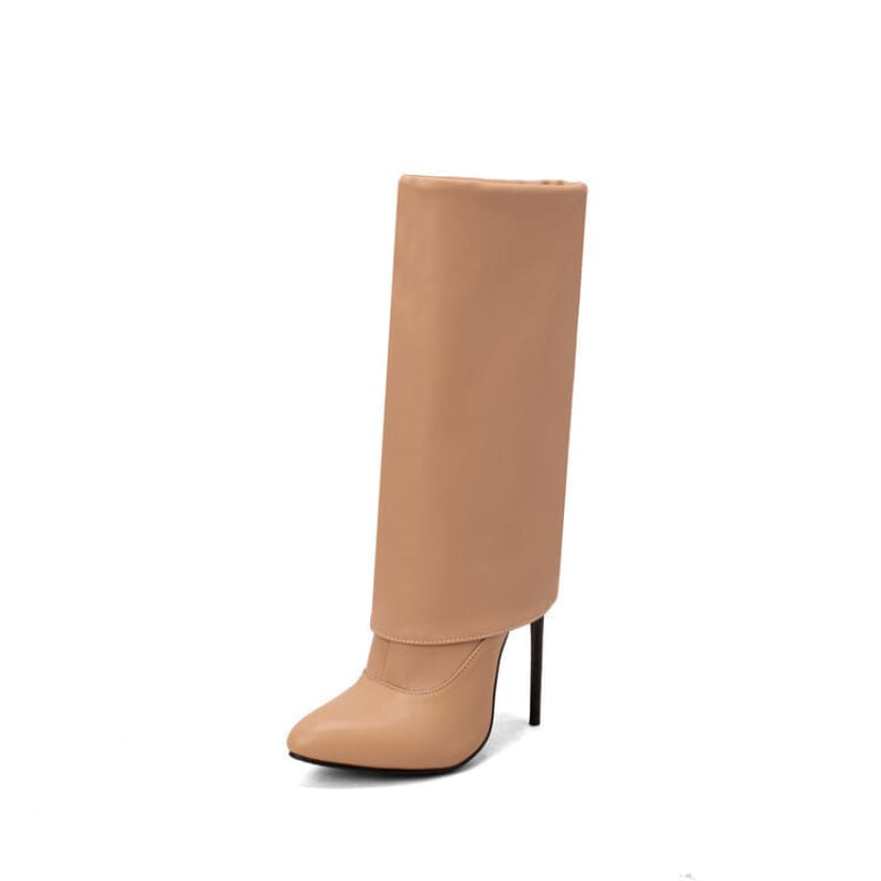 Tall beige leather boot with a stiletto heel.