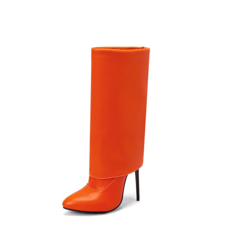 Bright orange high-heeled boot with a tall shaft extending above the ankle.