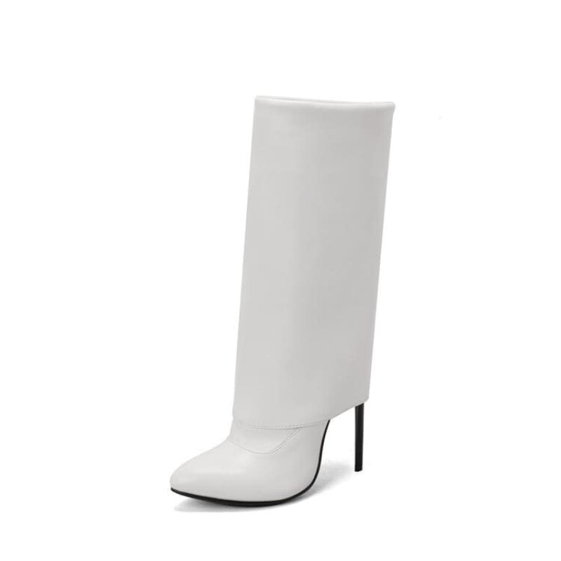 White high-heeled knee-high boot with a pointed toe.