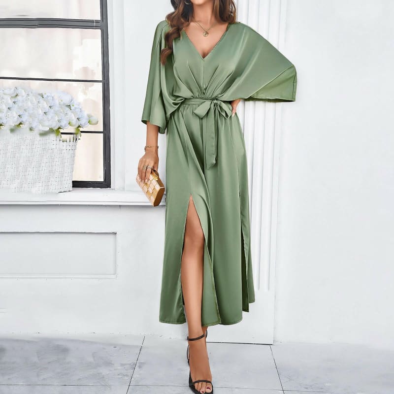 Womens Summer Elegant V-Neck Loose Dress Tie Waist