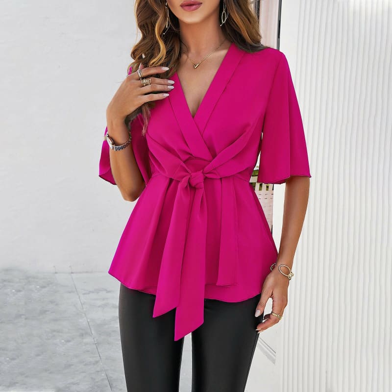 Solid Color Elegant Short Sleeve Strap Waist Top