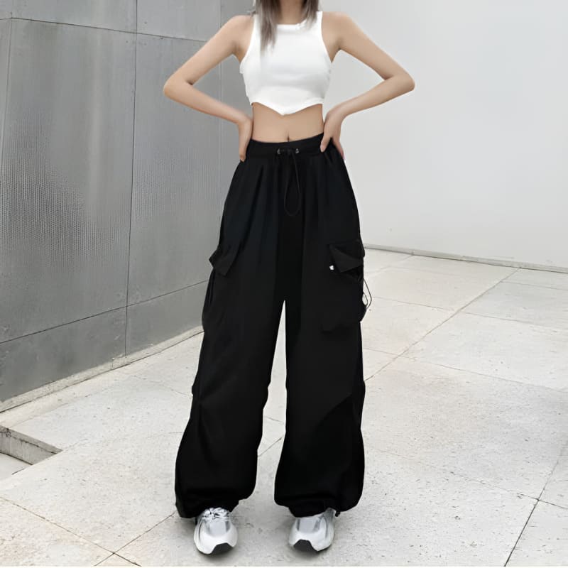 Womens Streetwear Cargo Baggy Parachute Trousers black / S