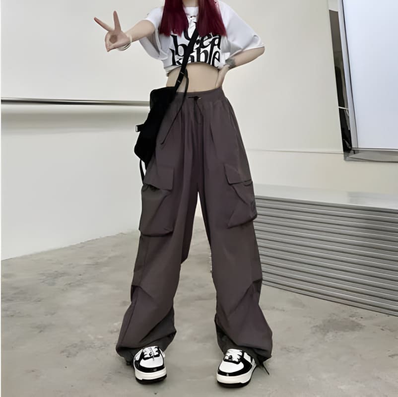 Womens Streetwear Cargo Baggy Parachute Trousers GRAY / S