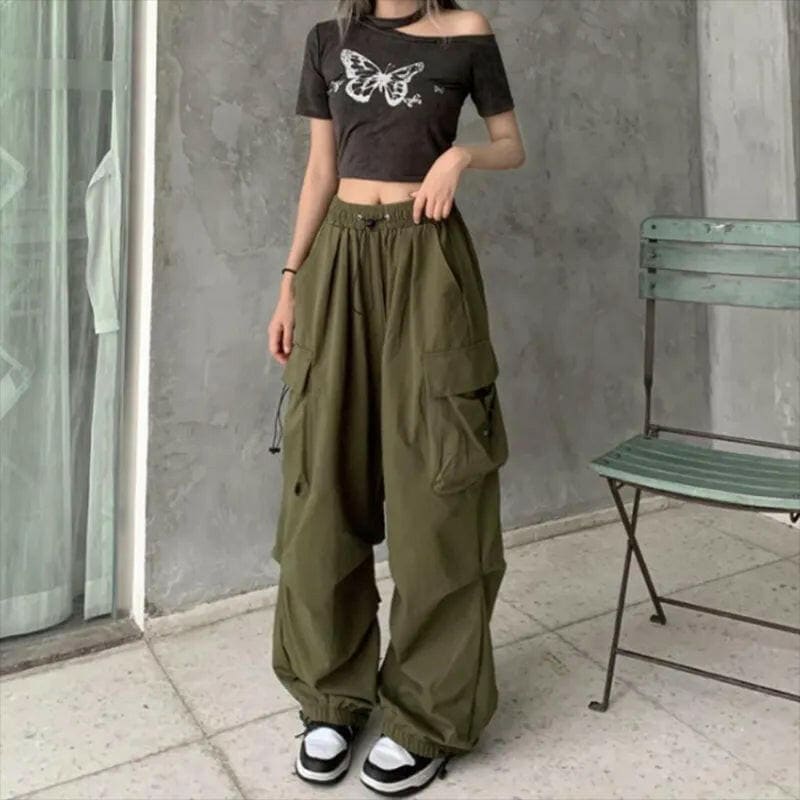 Womens Streetwear Cargo Baggy Parachute Trousers