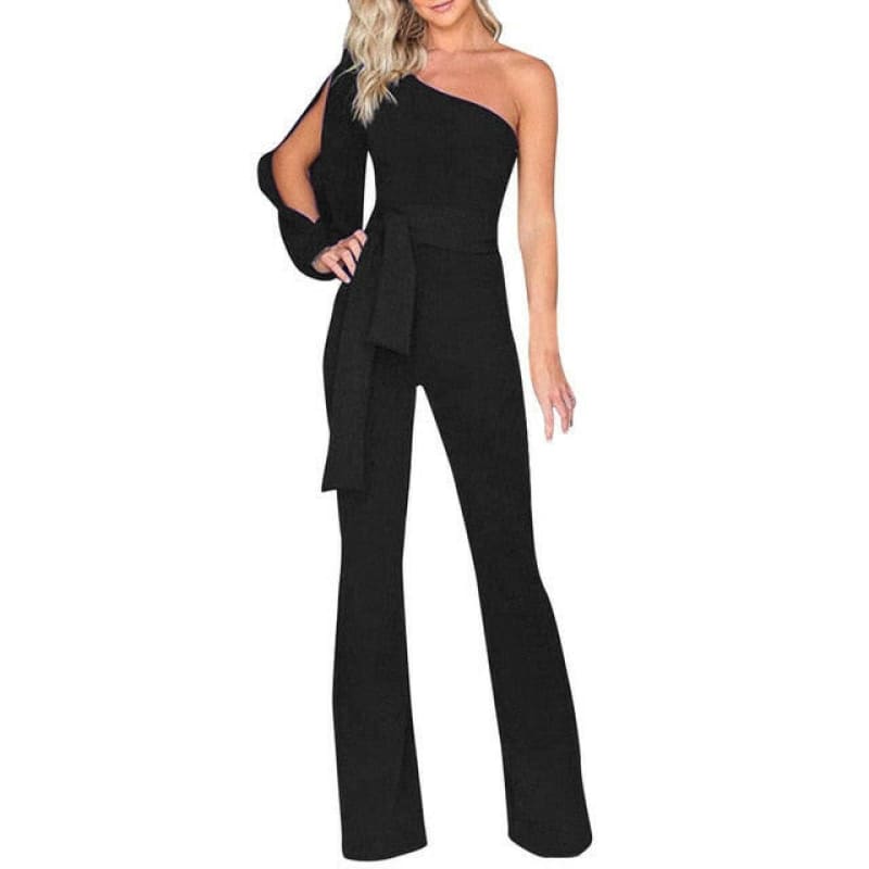 Womens Summer Casual Long Sleeve Wide Leg Jumpsuit BK / S