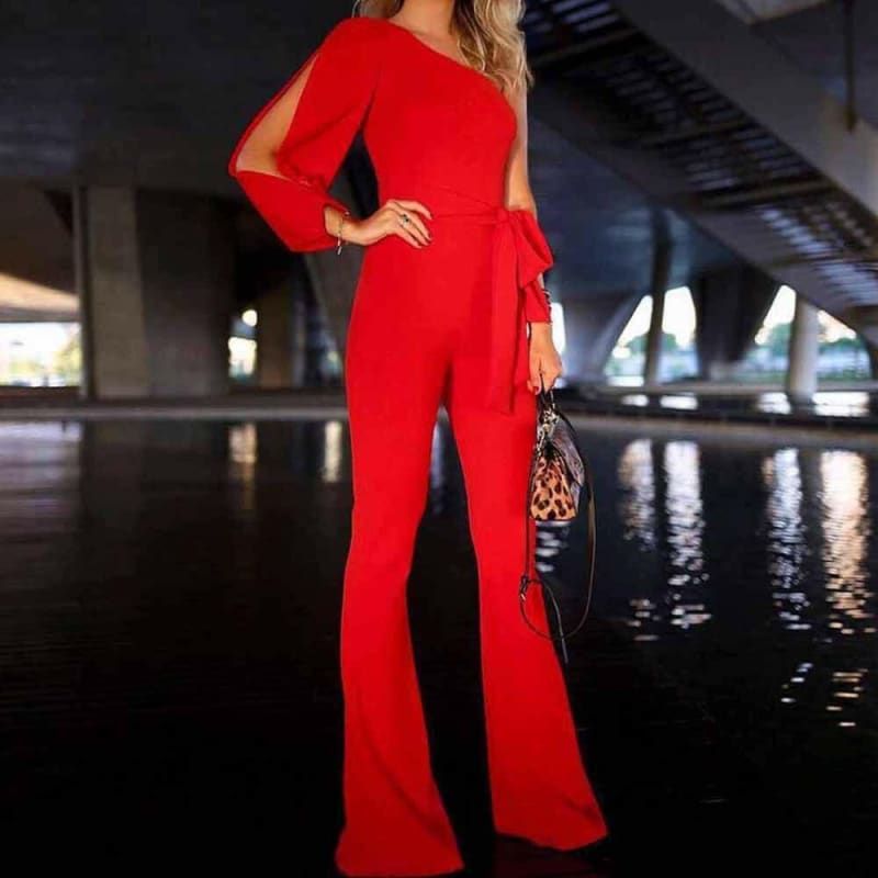 Womens Summer Casual Long Sleeve Wide Leg Jumpsuit Red / S