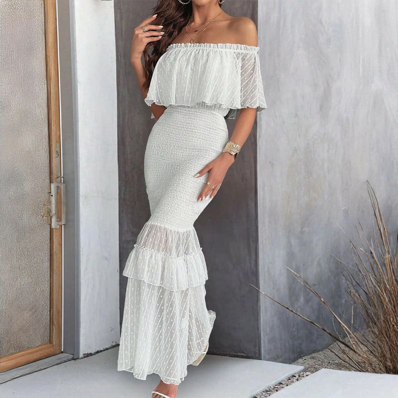 Womens Summer Elegant High Waisted Off Shoulder Dress