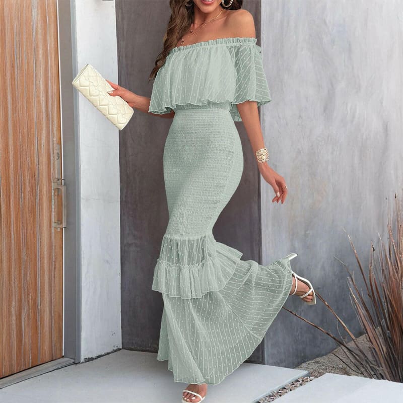 Womens Summer Elegant High Waisted Off Shoulder Dress