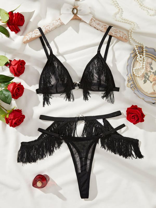 Womens Three-Piece Tassel Detail Underwear Set Black / S