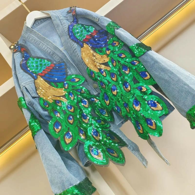 Womens V-Neck 3D Peacock Sequined Embroidered Jacket