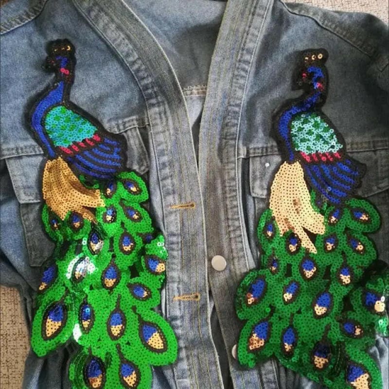 Womens V-Neck 3D Peacock Sequined Embroidered Jacket Small