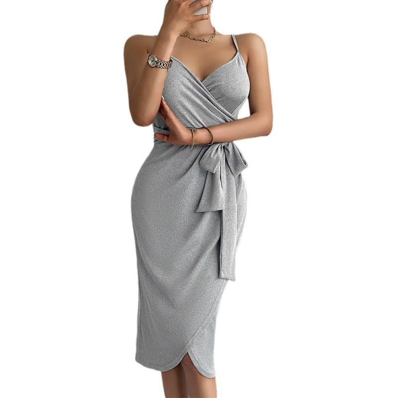 Womens V Neck Wrap Tie Waist Solid Colour Dress