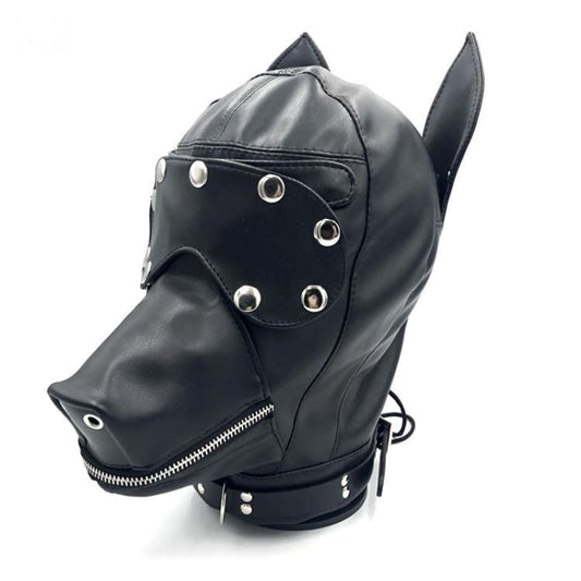 Black leather dog-shaped bondage mask with zippered muzzle and pointed ears.