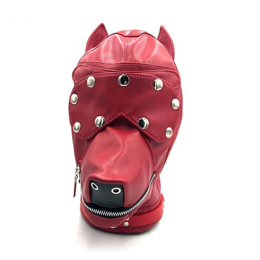 Red leather bondage mask with studs and a zippered mouth.