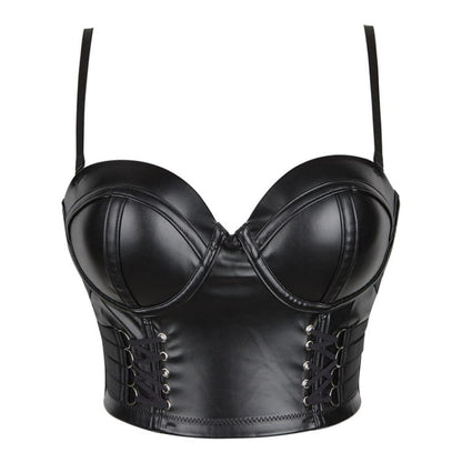 Black leather bustier with lace-up details on the sides.