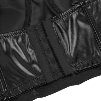 Black leather corset or bustier with hook-and-eye closures.