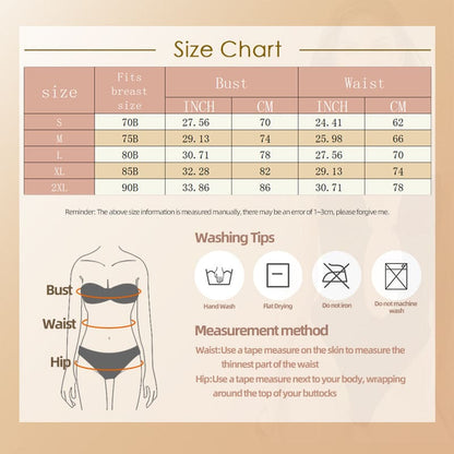 Size chart for clothing with measurements and washing instructions.