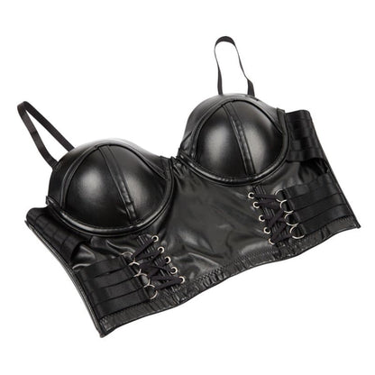 Black leather corset-style bra with lace-up detailing and structured cups.