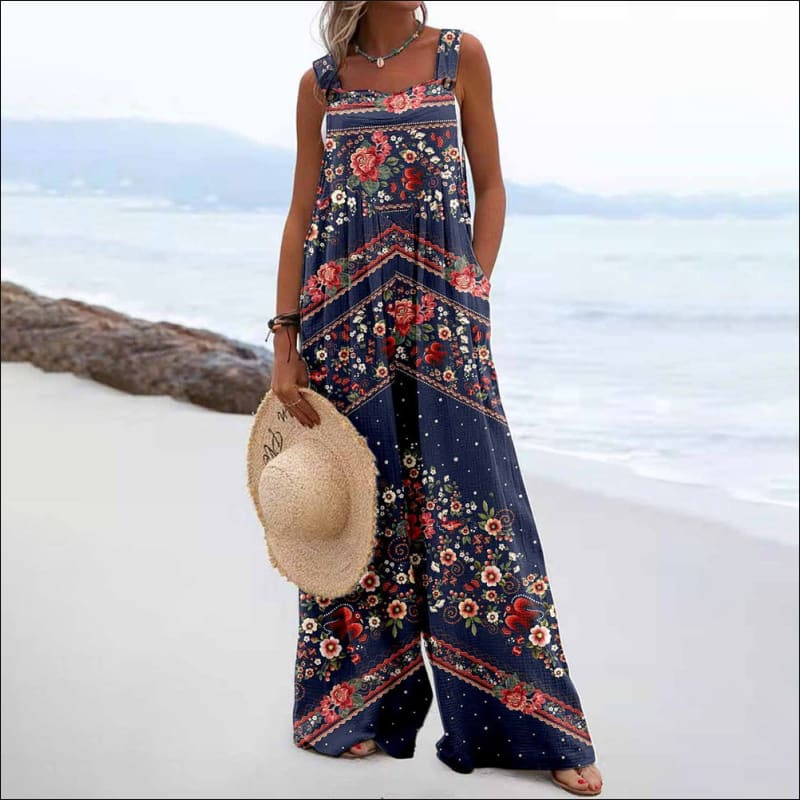 Vintage Print Square Neck Sleeveless Jumpsuit Dark blue