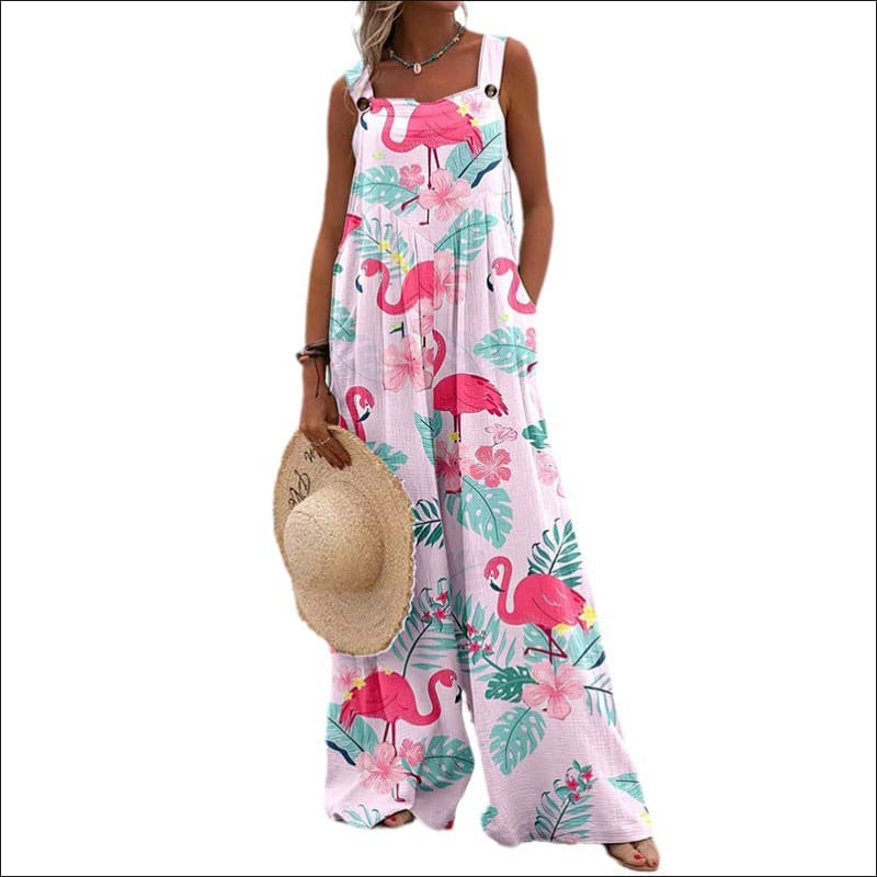 Vintage Print Square Neck Sleeveless Jumpsuit Flamingo / S